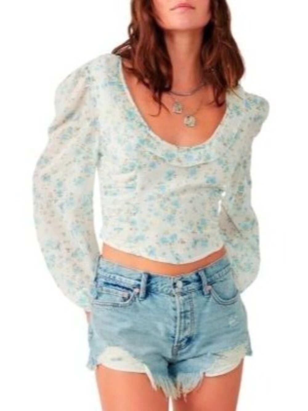 NWT Free People Women's XS Floral Cropped Top Long Sleeve Cottagecore Boho